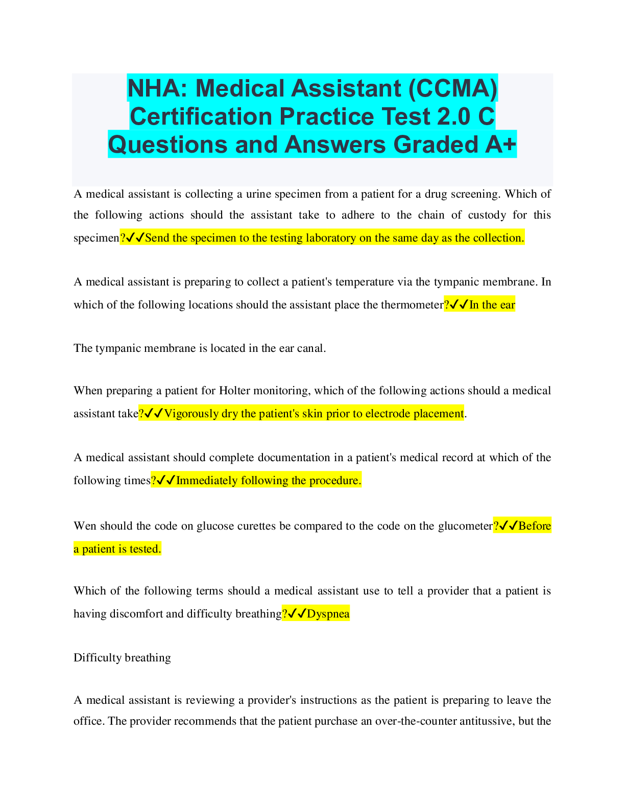 NHA Medical Assistant (CCMA) Certification Practice Test 2.0 C